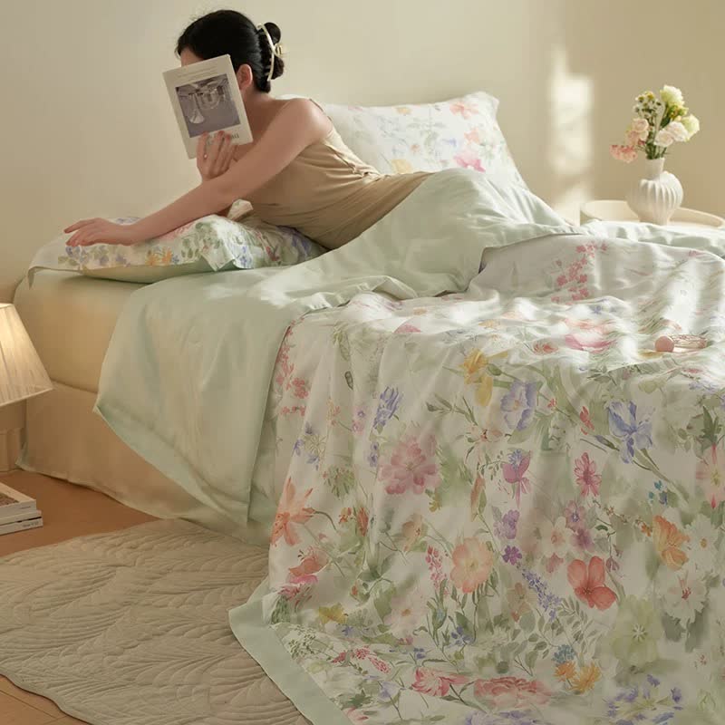 Parure de lit d'été douce avec motif floral pastoral (4 pièces)