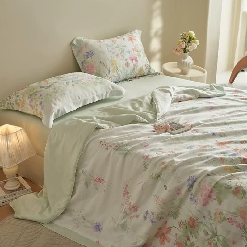 Parure de lit d'été douce avec motif floral pastoral (4 pièces)