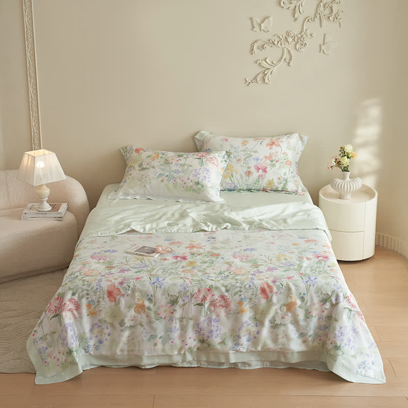 Parure de lit d'été douce avec motif floral pastoral (4 pièces)