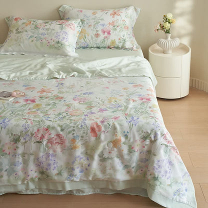 Parure de lit d'été douce avec motif floral pastoral (4 pièces)