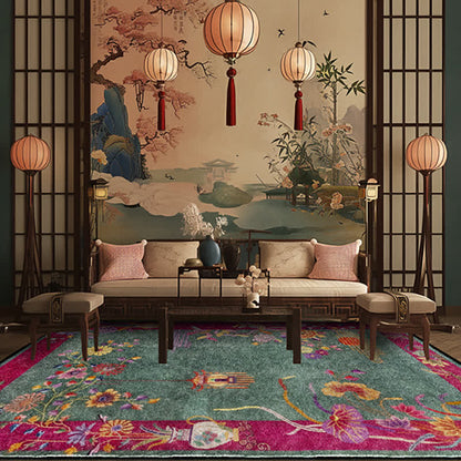 Tapis antidérapant et lavable à motif floral oriental
