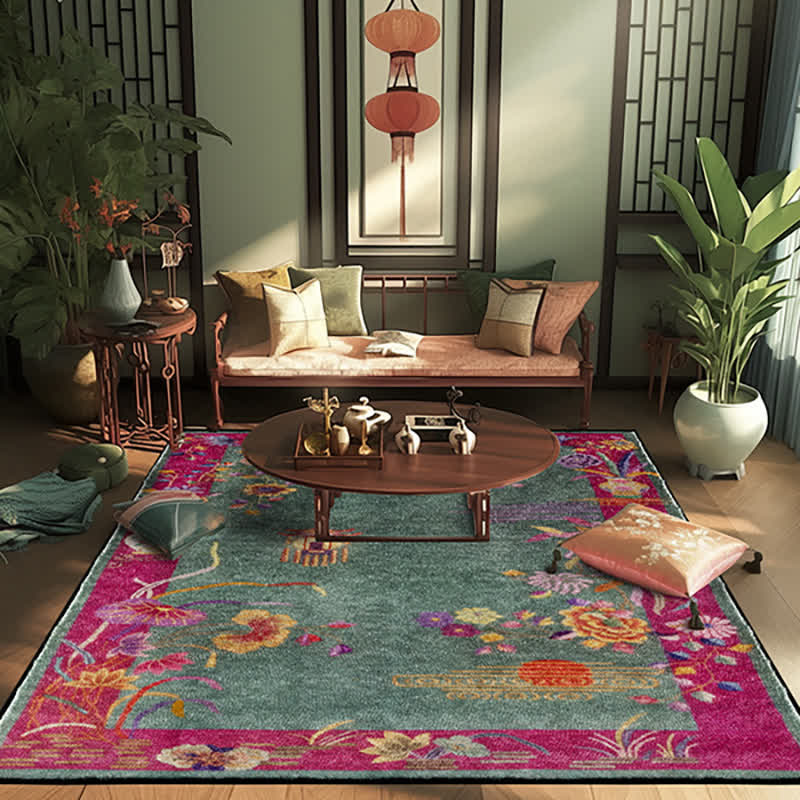 Tapis antidérapant et lavable à motif floral oriental
