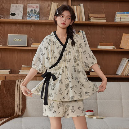 Ensemble pyjama mignon à manches courtes sans soutien-gorge avec imprimé floral