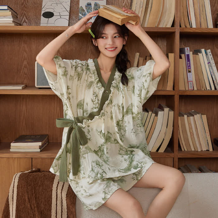 Ensemble pyjama à manches courtes en imprimé bambou avec soutien-gorge