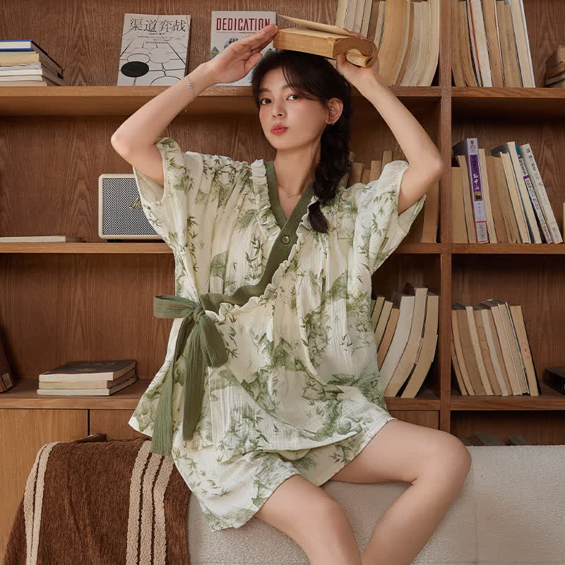 Ensemble pyjama à manches courtes en imprimé bambou avec soutien-gorge