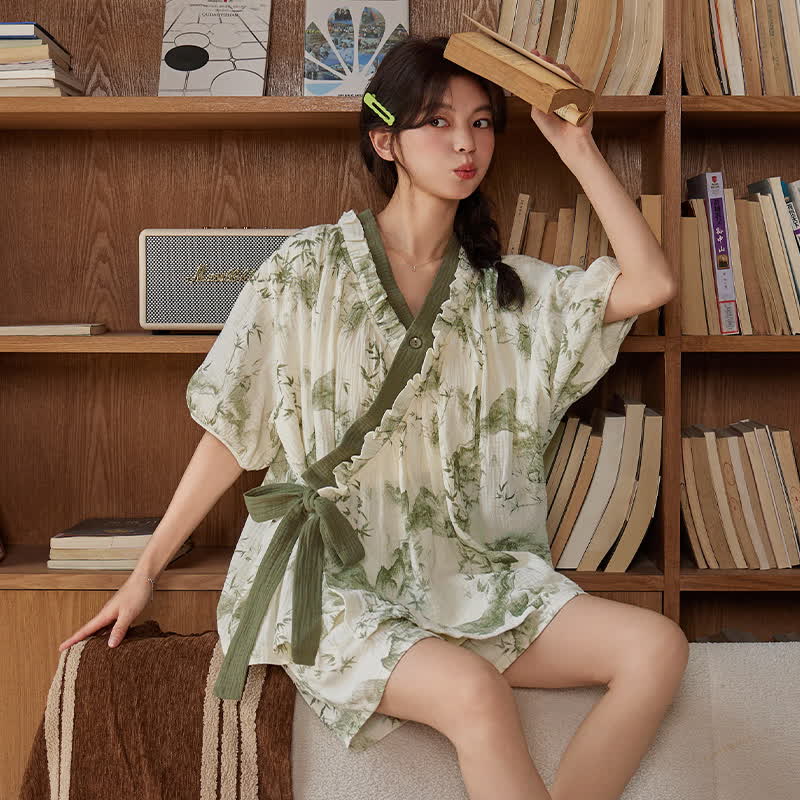 Ensemble pyjama à manches courtes en imprimé bambou avec soutien-gorge