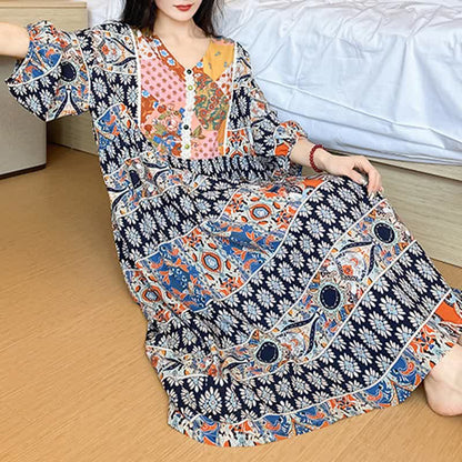 Chemise de nuit ethnique à manches longues grande taille