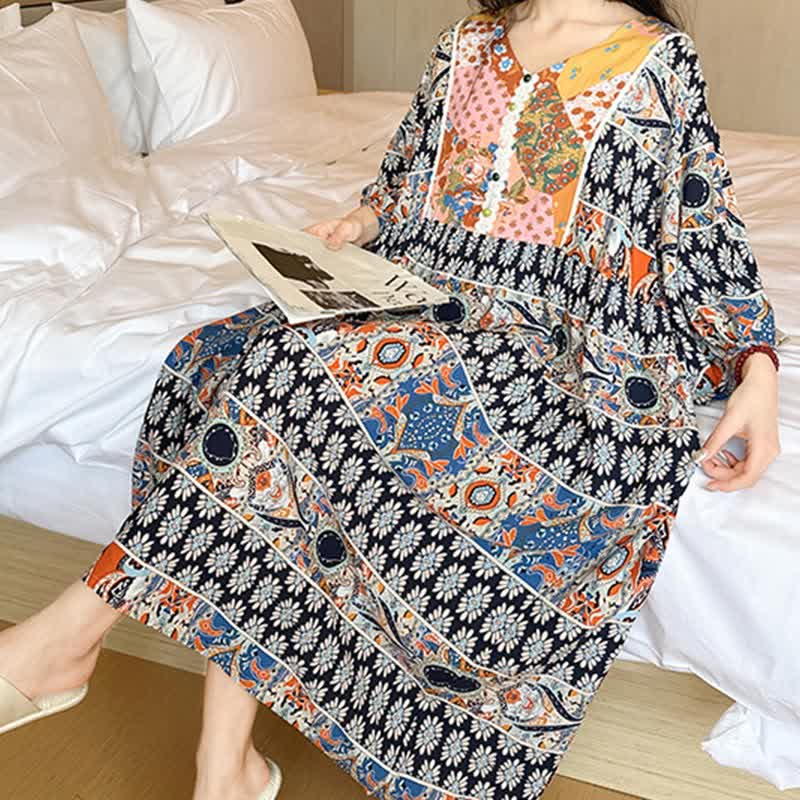Chemise de nuit ethnique à manches longues grande taille
