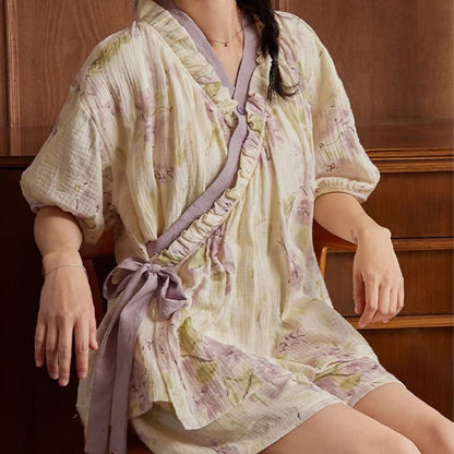 Ensemble pyjama élégant à manches courtes sans soutien-gorge avec motif floral