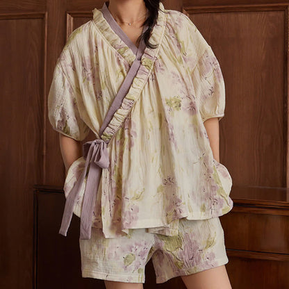 Ensemble pyjama élégant à manches courtes sans soutien-gorge avec motif floral