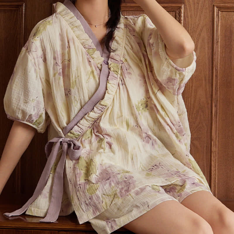 Ensemble pyjama élégant à manches courtes sans soutien-gorge avec motif floral