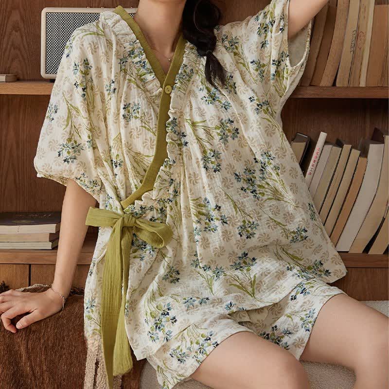 Ensemble pyjama à manches courtes et soutien-gorge à motif floral pastel
