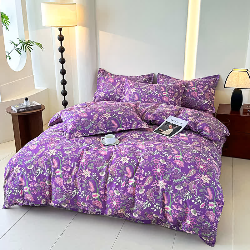 Parure de lit en gaze de coton doux à motif floral (4 pièces)