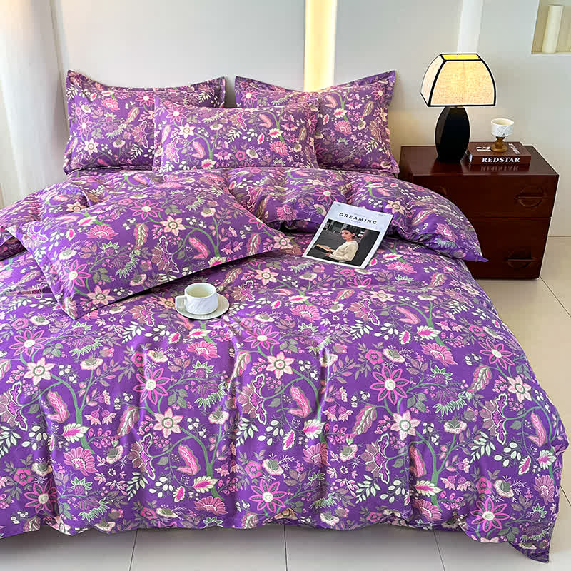 Parure de lit en gaze de coton doux à motif floral (4 pièces)