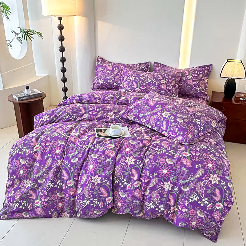 Parure de lit en gaze de coton doux à motif floral (4 pièces)