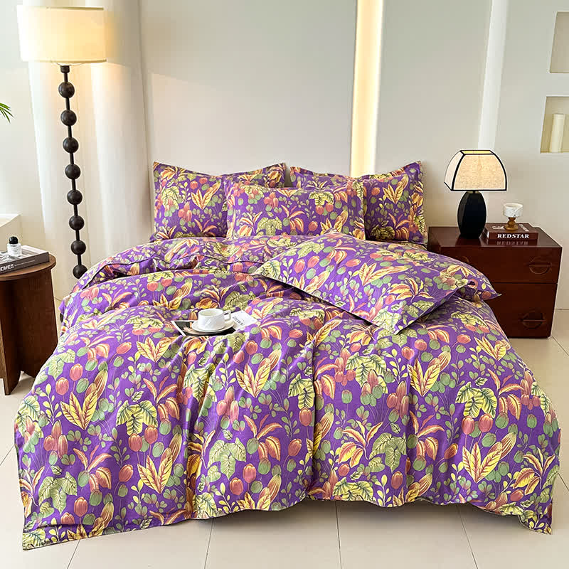 Parure de lit en gaze de coton doux avec pétales de fleurs (4 pièces)