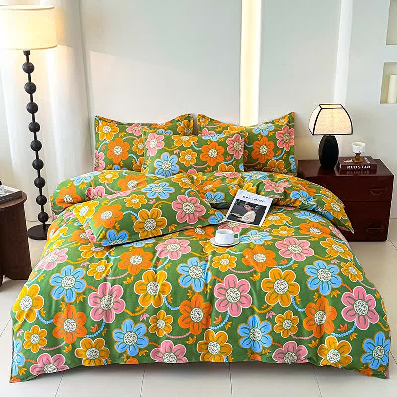 Parure de lit en gaze de coton douce de style champêtre à motif floral (4 pièces)