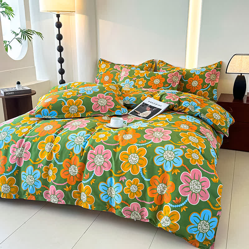 Parure de lit en gaze de coton douce de style champêtre à motif floral (4 pièces)