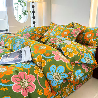 Parure de lit en gaze de coton douce de style champêtre à motif floral (4 pièces)