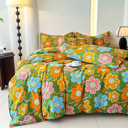 Parure de lit en gaze de coton douce de style champêtre à motif floral (4 pièces)