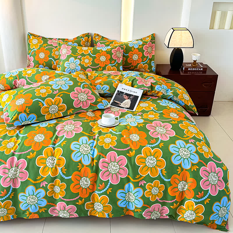Parure de lit en gaze de coton douce de style champêtre à motif floral (4 pièces)
