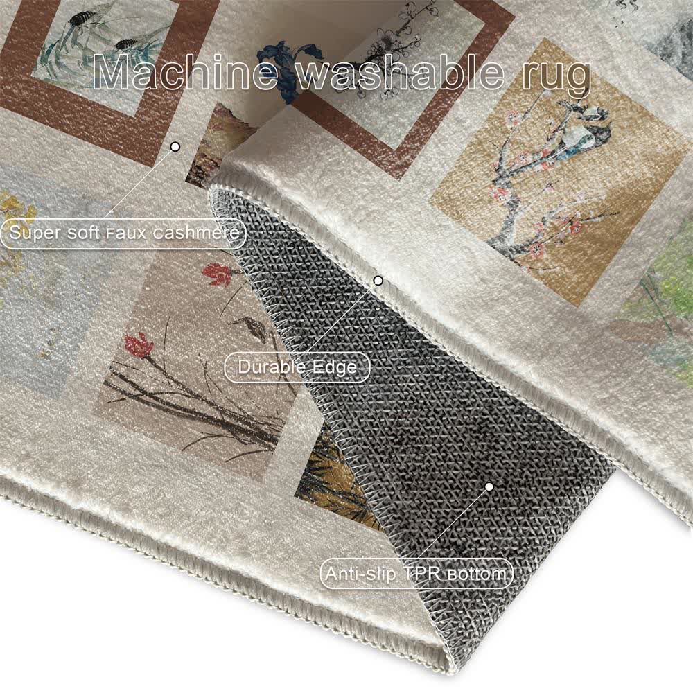 Tapis doux, antidérapant et lavable avec motif de fleurs et d'oiseaux