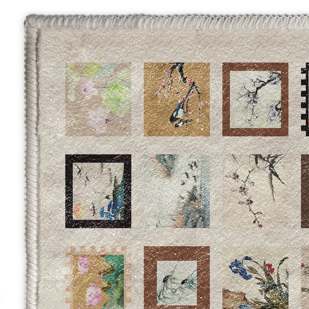 Tapis doux, antidérapant et lavable avec motif de fleurs et d'oiseaux