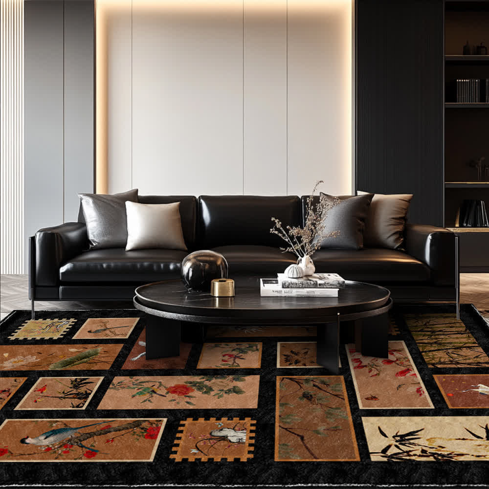 Tapis doux, antidérapant et lavable avec motif de fleurs et d'oiseaux