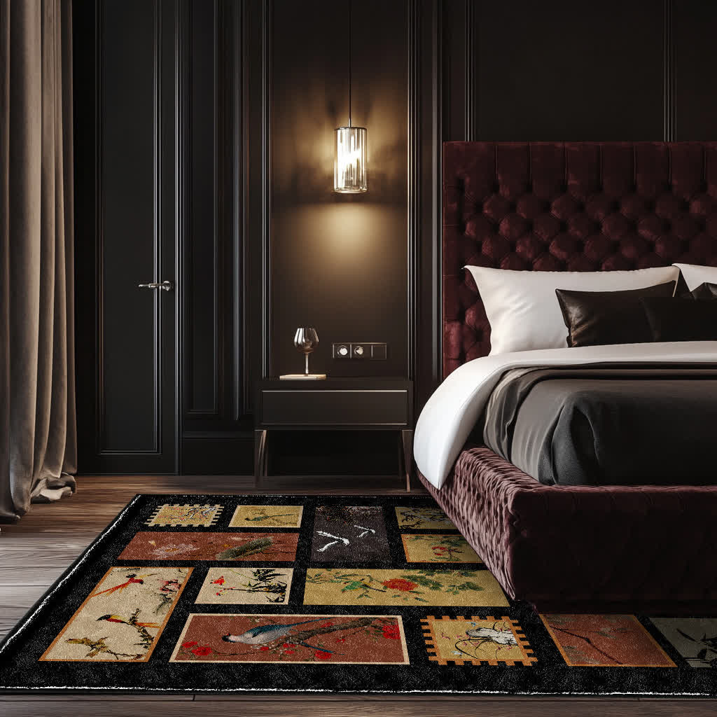 Tapis doux, antidérapant et lavable avec motif de fleurs et d'oiseaux