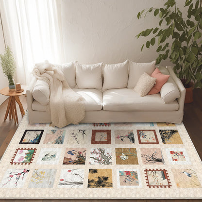 Tapis doux, antidérapant et lavable avec motif de fleurs et d'oiseaux