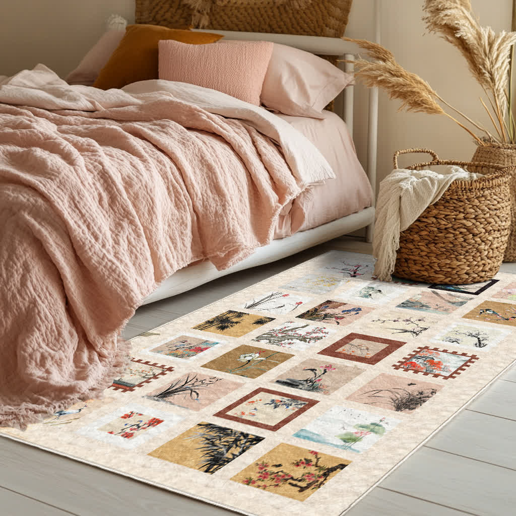 Tapis doux, antidérapant et lavable avec motif de fleurs et d'oiseaux
