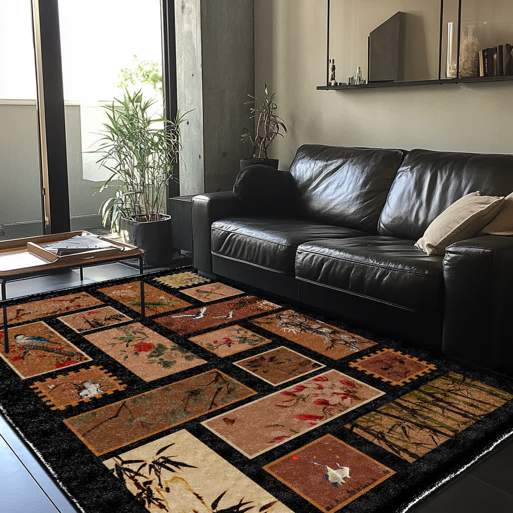 Tapis doux, antidérapant et lavable avec motif de fleurs et d'oiseaux