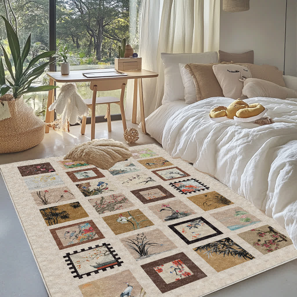 Tapis doux, antidérapant et lavable avec motif de fleurs et d'oiseaux