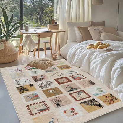 Tapis doux, antidérapant et lavable avec motif de fleurs et d'oiseaux