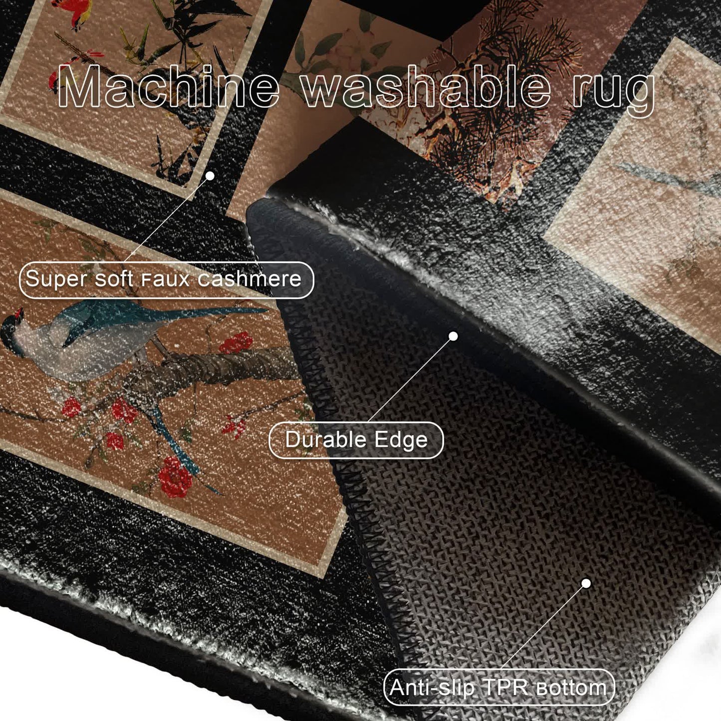 Tapis doux, antidérapant et lavable avec motif de fleurs et d'oiseaux