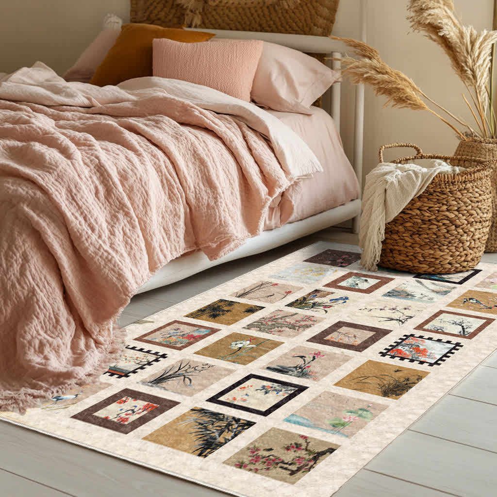 Tapis doux, antidérapant et lavable avec motif de fleurs et d'oiseaux