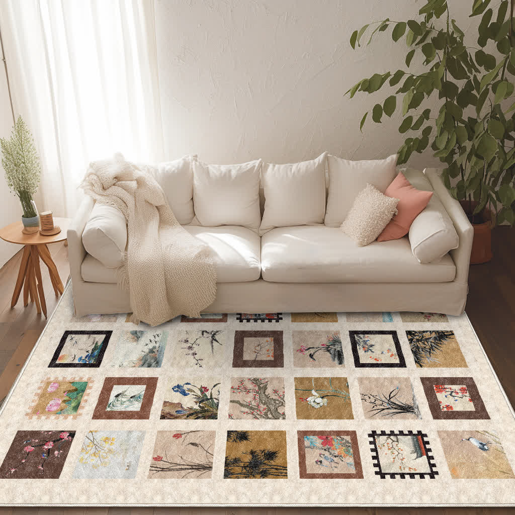 Tapis doux, antidérapant et lavable avec motif de fleurs et d'oiseaux