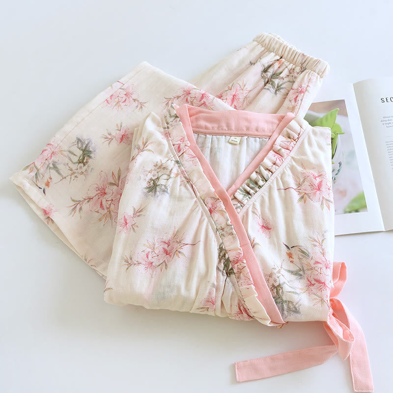 Ensemble pyjama kimono en coton à fleurs de lys
