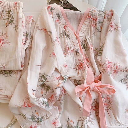 Ensemble pyjama kimono en coton à fleurs de lys
