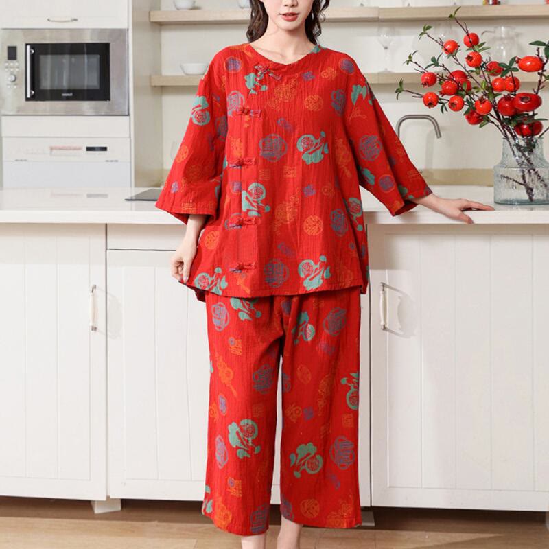 Ensemble de pyjama en coton à boutons grenouille rouge « Fu »
