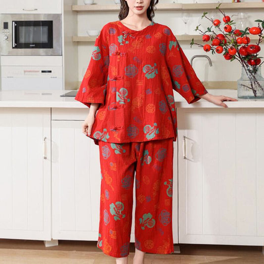 Ensemble de pyjama en coton à boutons grenouille rouge « Fu »