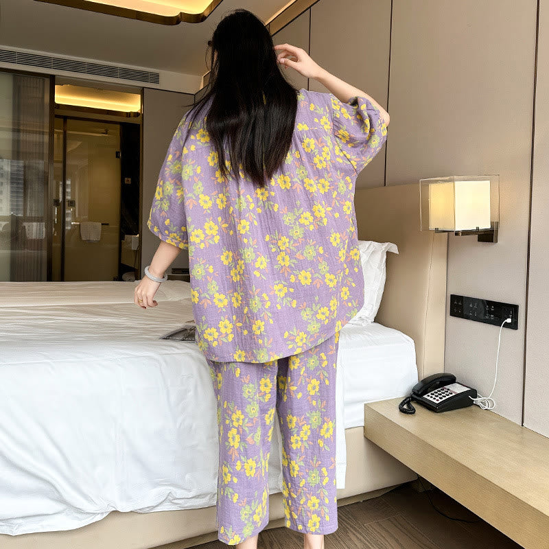 Ensemble de vêtements d'intérieur en coton à fleurs violettes grande taille