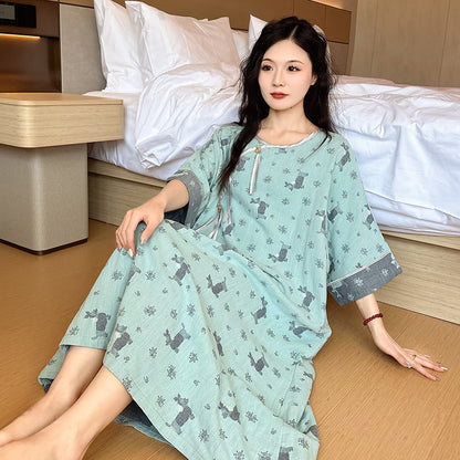 Chemise de nuit en coton double épaisseur grande taille - Vert - 5XL - image 0