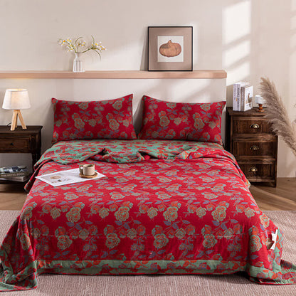 Couverture d'été en coton double épaisseur avec motif floral rétro