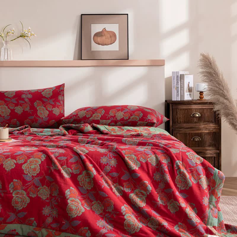 Couverture d'été en coton double épaisseur avec motif floral rétro