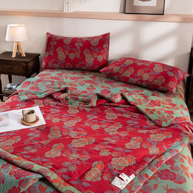 Couverture d'été en coton double épaisseur avec motif floral rétro