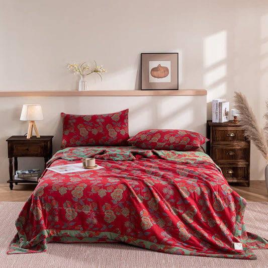 Couverture d'été en coton double épaisseur avec motif floral rétro