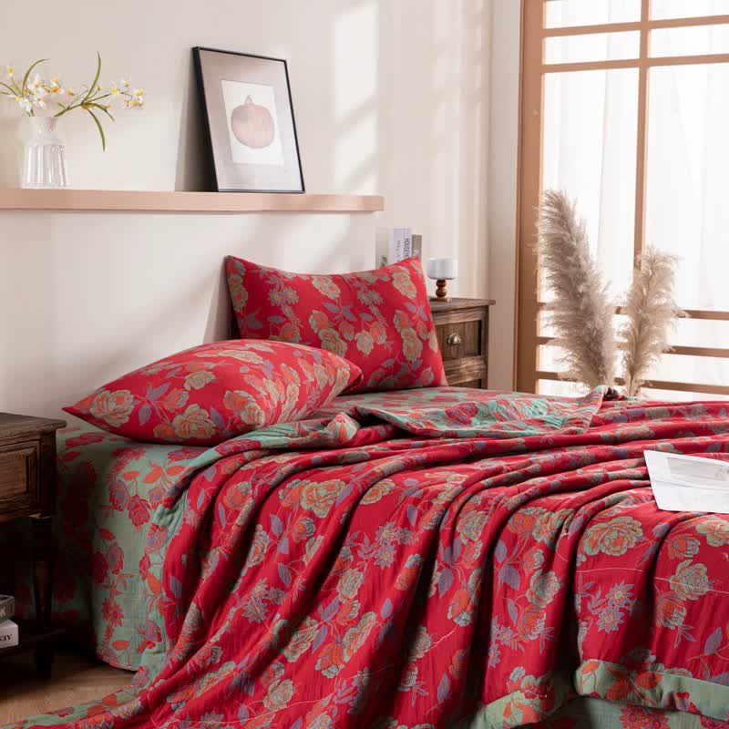 Couverture d'été en coton double épaisseur avec motif floral rétro