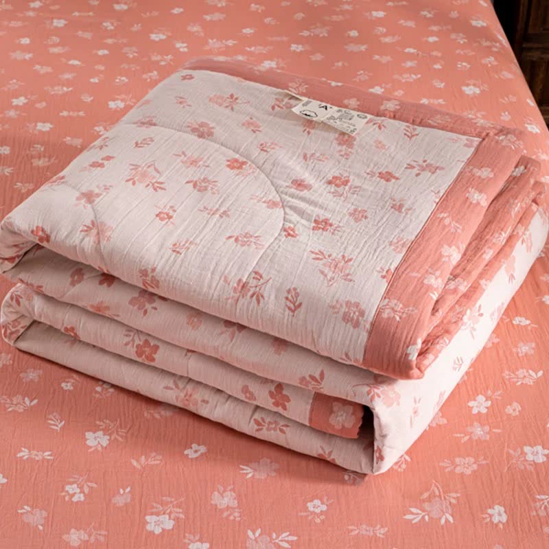 Couette d'été double couche en coton à motif floral rose