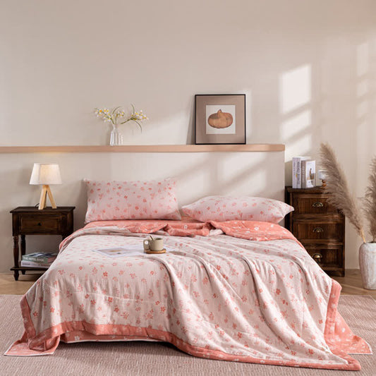 Couette d'été double couche en coton à motif floral rose